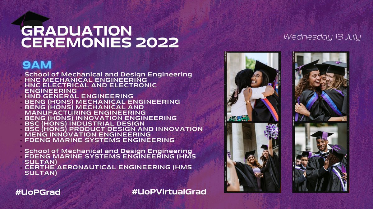 portsmouthuni's tweet image. Here's the schedule for day 3 of graduation! 🎓

Want to know what will be happening on the day? The grad team have included all the details on here: bit.ly/3IyChBL

Don't miss out and watch the live streams on our YT channel: uni.port.ac.uk/3AI1qbh

#PortsmouthUni