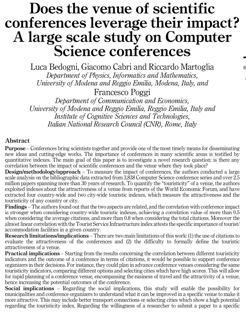 emollick's tweet image. Fellow academics, I bring you a great gift to justify awesome travel in the form of a research paper. 

By analyzing millions of citations, it shows that the more touristy 🏝 the conference location, the more long-term citations presented papers generate. arxiv.org/pdf/2105.14838…