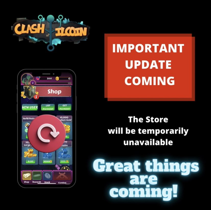 Ilcoin_B_P's tweet photo. Important News! 

The store will not be available for about a month, as we will carry out some very important updates that will bring you great benefits.  

Stay tuned for more news! #ilcoin #clashofilcoin #update https://t.co/x8sxwyqExV