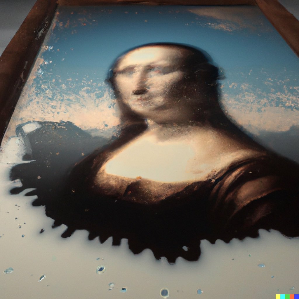 A man was drinking milk at the Louvre museum and he accidentally spilled his drink on the Mona Lisa. #dalle #dalle2 #dallestories