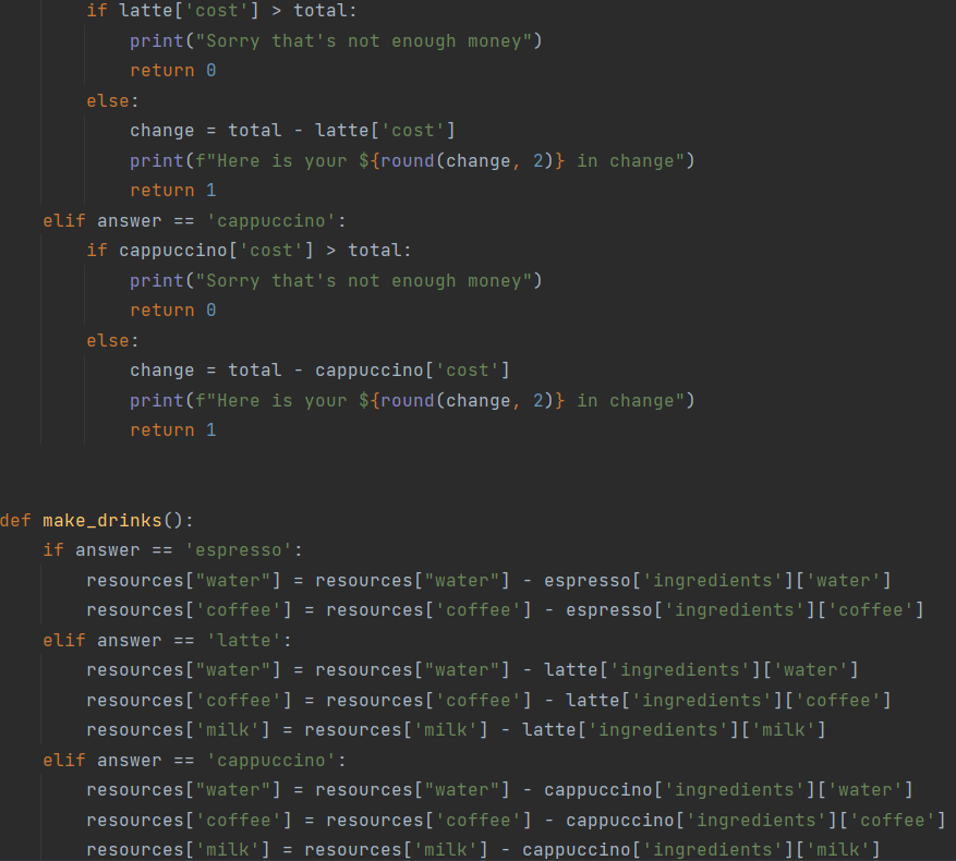 BinteBabul's tweet photo. Day15 of #100DaysOfCode , Dr. @yu_angela 's "100 days of code:."

The 15th project was making the Coffee Machine.

How did it go? 
Achievable! Needs some time to get the ideas together. 

Couldn't post the full code because Twitter only allows 4 pictures. https://t.co/vZIwFTtDap
