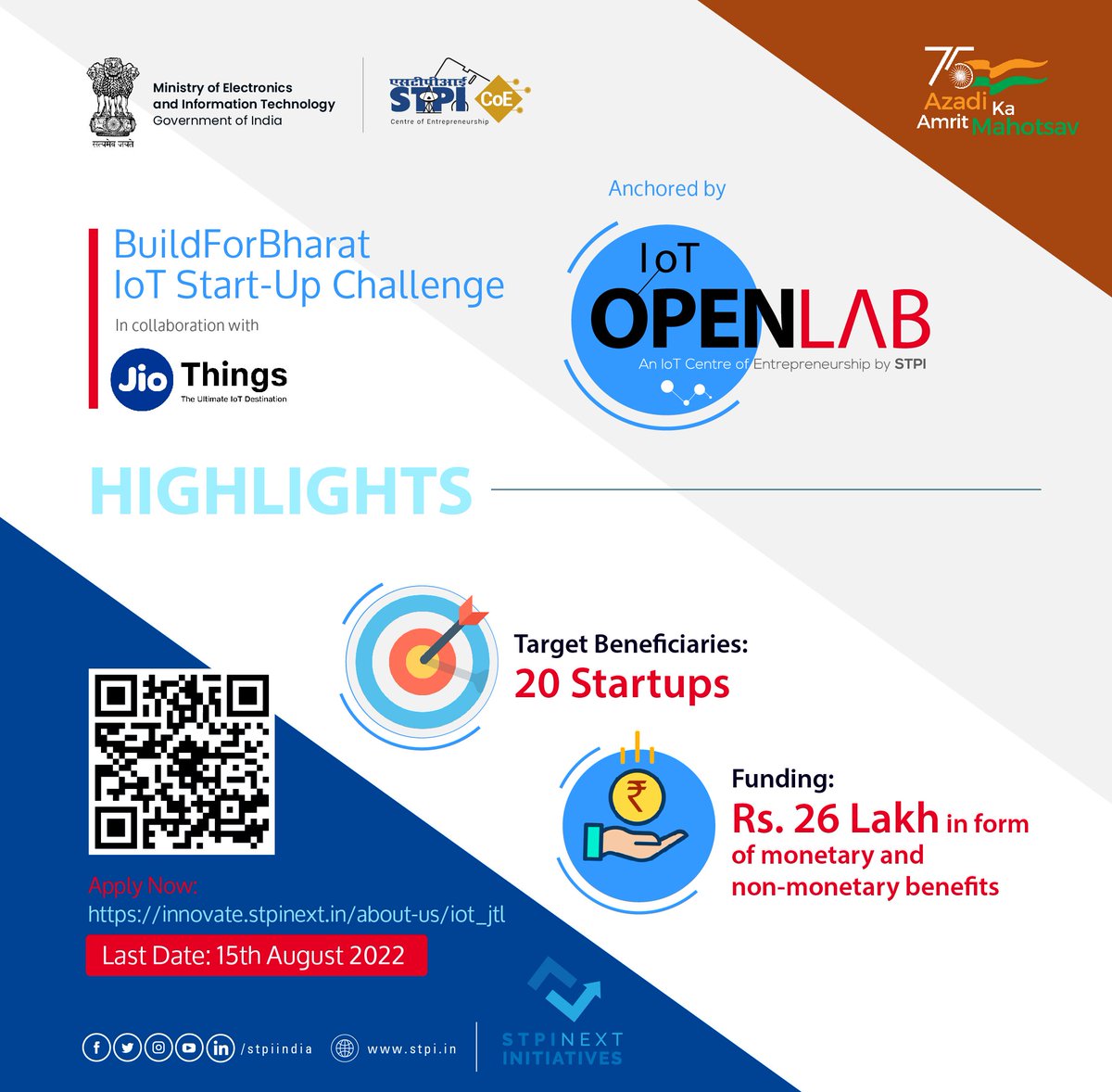 Join #BuildForBharat #IoTStartUpChallenge to translate your unique ideas into #IoT products by leveraging funding of Rs. 26 Lakh in the form of monetary & non-monetary benefits. Apply: innovate.stpinext.in/about-us/iot_j… #STPICoES #STPIINDIA @GoI_MeitY @MSH_MeitY @startupindia @reliancejio