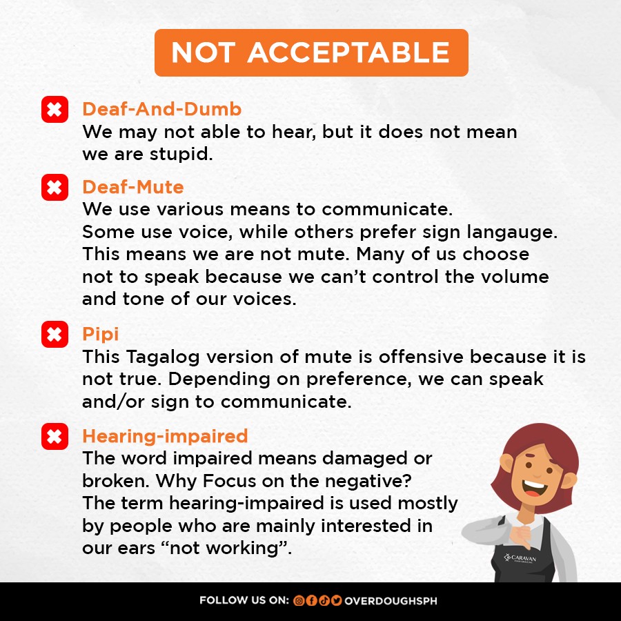 overdoughsph's tweet photo. Here’s a quick guide on how should we address our Deaf brothers and sisters! Swipe to the left to find out!

#Overdoughsph  #DeafPartner #ODCafe #DoingGoodThroughGoodFood #Advocacy #PWD #Inclusivity #Diversity https://t.co/tG60kwBvqD
