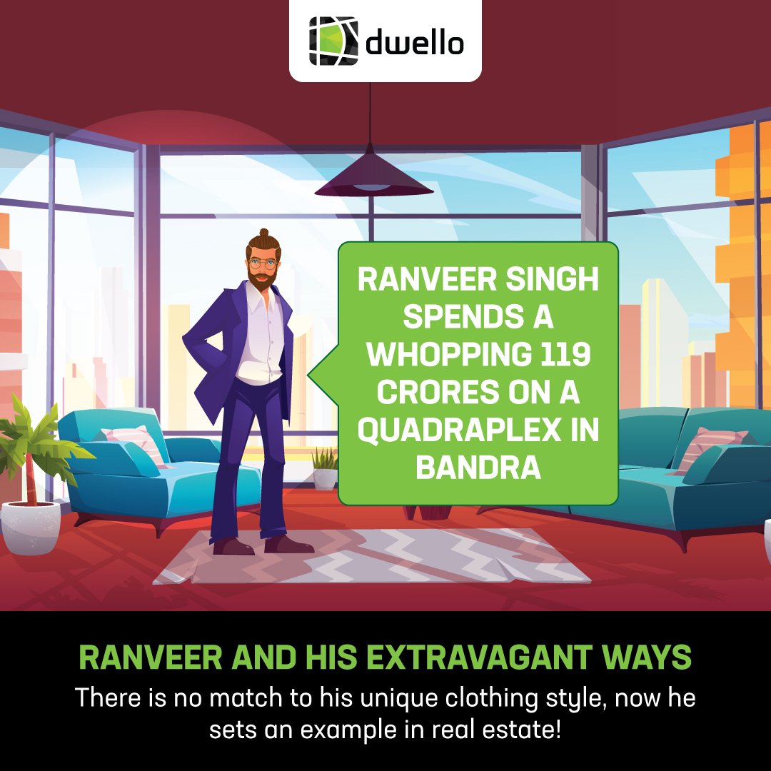 Dwelloin's tweet image. Bollywood actor Ranveer Singh paid Rs 119 crore for a quadraplex flat in Bandstand, Bandra West. 
Ultra Luxury Homes in Mumbai! You dream, we fulfill!
#RanveerSingh #quadraplex #bandstand #homes #ultraluxe #ultraluxuryhomes #mumbai #realestateindia