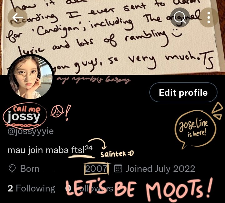 jossyyyie's tweet image. haloo, i'm looking for a new #moots buat belajar dan sharing bareng

✰call me jossy
✰she/her
✰07L, 11th grade
✰saintek
✰book, au, music, treasure

let's be friends! #studytwt #studyacc rt/like tysm
