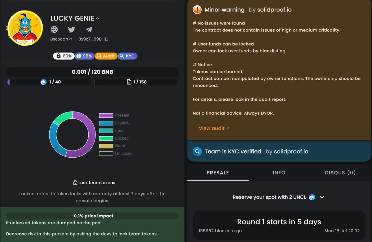🧞‍♂️LUCKY GENIE's GREAT NEWS🧞‍

🔥Congratulation Lucky Genie has passed the KYC + Audit procedure!

🌍Join community to get the perfect news in the future:
t.me/LuckyGenie_Glo…
🦄Presale link:
app.unicrypt.network/amm/pancake-v2…