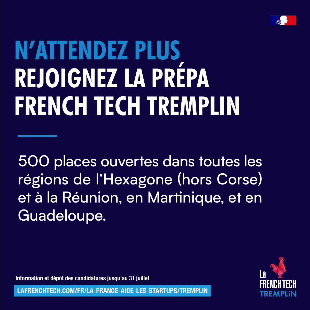 FTravail_IDF's tweet photo. #FrenchTechTremplin - Ouverture des candidatures pour la 3e édition de la phase "Prépa" du programme @LaFrenchTech Tremplin 🚀

➡️ Ce programme vous accompagne pour lancer votre #startup 
Cette année 500 places sont ouvertes partout en France 🇫🇷
👉 https://t.co/yWI4GWJjYJ https://t.co/FdnmiWPl3i