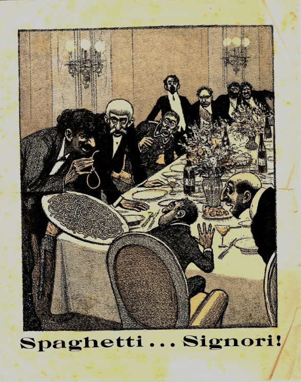 andyblanck1's tweet photo. after the hanging of #CesareBattisti and #FabioFilzi in Trento, the threat of Austria to hang all the Italian traitors, is represented by this postcard where the King, D'annunzio, Sonnino, Cadorna and other diners, are served spaghetti with noose.
#ww1postcard
#ww1propaganda https://t.co/vF9sTy6vWY