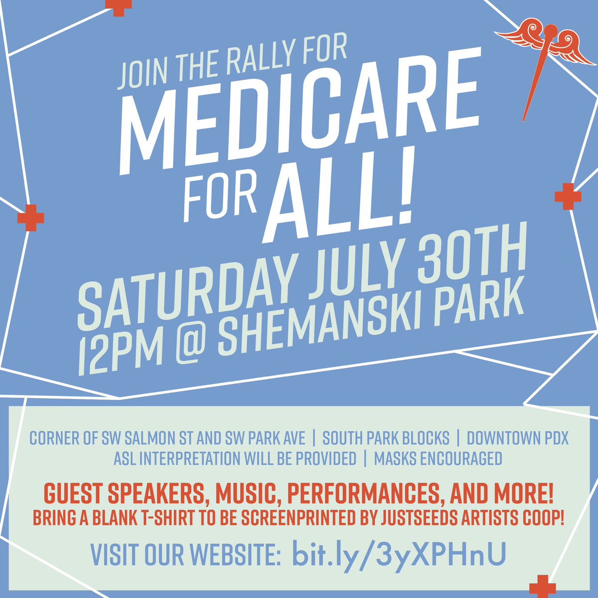WE’RE BACK! 🩺🪧📣 Join us on Saturday July 30th @ Noon for our 2nd annual Rally for Medicare for All! We’ll be rallying in Shemanski Park with a great speaker line up, live performances, screen printing by <a href="/Justseeds/">Justseeds</a> and much more! Visit bit.ly/3yXPHnU for more info