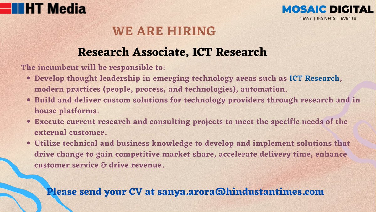 Mosaic Digital (@mosaicdigitalin) on Twitter photo #HiringAlert
<a href="/htTweets/">Hindustan Times</a> | <a href="/vccircle/">VCCircle</a> | <a href="/TechCircleIndia/">TechCircle</a> | <a href="/Ishitta27/">Ishitta</a> | <a href="/AshwinModuga/">Ashwin Moduga</a>
#hiring2022 #research #HiringAlert
<a href="/htTweets/">Hindustan Times</a> | <a href="/vccircle/">VCCircle</a> | <a href="/TechCircleIndia/">TechCircle</a> | <a href="/Ishitta27/">Ishitta</a> | <a href="/AshwinModuga/">Ashwin Moduga</a>
#hiring2022 #research