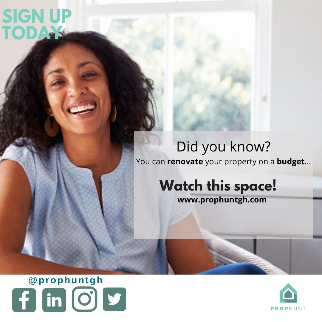 Prophuntgh's tweet photo. #DidYouKnow💡, You can renovate your property on a shoestring budget by following some simple steps.
Keep an eye on our platform for more information.
#renovation #budget #home #Accra #increasepropertyvalue #realestate #property #kelly |Ghana Wedding Awards Wendy Shay Malcom| https://t.co/Oyq950VNsq