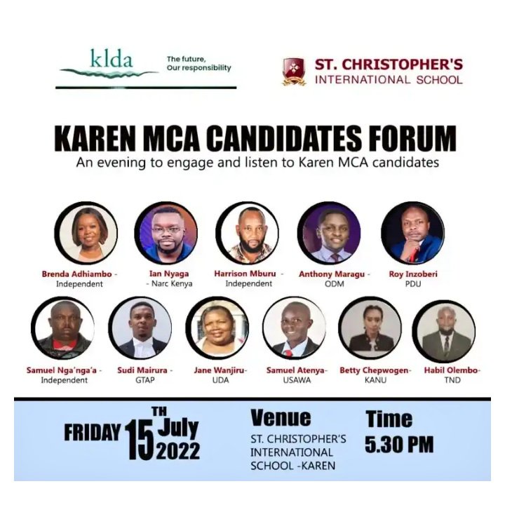 KLDA invites you for a Karen MCA candidates forum to be held on the 15th of July at the ST CHRISTOPHER'S  INTERNATIONAL SCHOOL.
Tell a friend to tell a friend.
All are welcome ☺️

Click on the link for more details.
klda.or.ke/karen-mca-cand…
#thekarenwewant