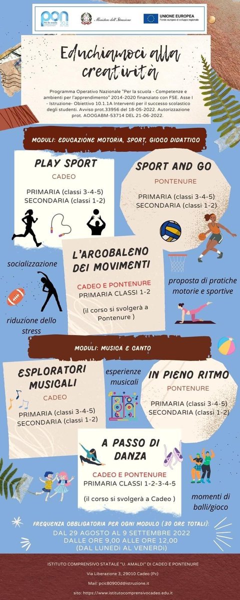 Tante proposte educative e ricreative per gli alunni di #iccadeoponte Sport, giochi, musica e danza, per il piacere di stare insieme, sei moduli dal 29 agosto al 9 settembre in vista della ripresa. Tutte le indicazioni sono già reperibili in sito istitutocomprensivocadeo.edu.it