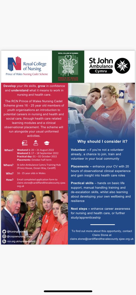 evansclaire1984's tweet photo. We are still taking applications for @NursingCadets with @SJACymru Applications for cohort 4 will close on Monday 18th July. Please get in touch if you are interested. No entry requirements, just enthusiasm required. #RCNCadets #sjac https://t.co/x0TA6LtIPg