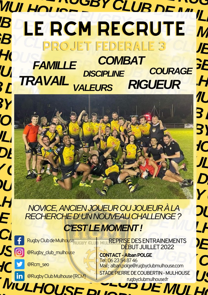 RcmSeo's tweet photo. Dans le cadre de sa montée en fédérale 3, le RCM recrute ! Tu as envie d’un nouveau challenge ? Viens faire l’essai ! 💛🖤

Entraînements le mer/ven de 19h30 à 21h30 en juillet puis le lun/mer/ven en août. 

#rugby #alsace #federale3 @mulhouse @MulhouseAgglo @lalsacesports https://t.co/i3soMp34iQ