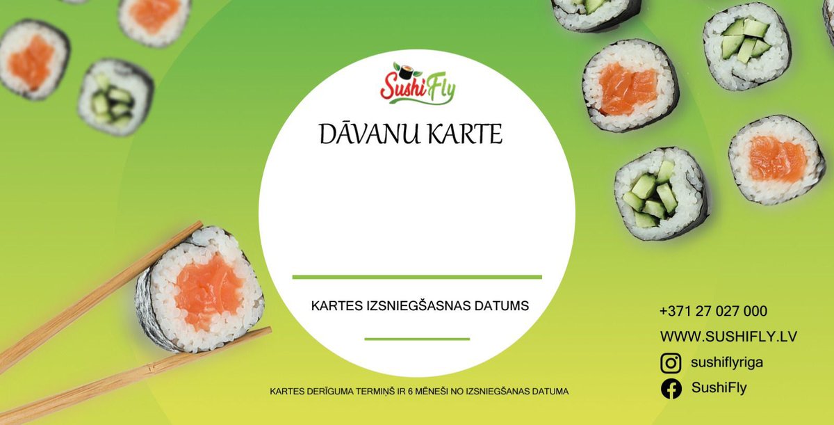 ridoncopmany's tweet photo. 🇱🇻
✔️Mūsu projekts
🔖Dāvanu kartes dizains
🍱Priekš "Sushi Fly"
_____
🇷🇺
✔️Наш проект
🔖Дизайн подарочной карты
🍱 Для "Sushi Fly"
_____
🇬🇧
✔️Our project
🔖Gift card design
🍱For "Sushi Fly" https://t.co/77iaguzS3x