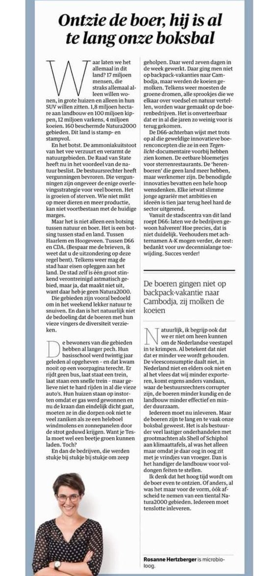 De beste column in jaren!! @ryhertzberger 

“Telkens mag de stad haar eisen opleggen aan t land. De stad zelf is 1 groot stinkend verontreinigd astmatisch gebied, maar ja….

De boeren zijn te lang en te vaak onze boksbal geweest “