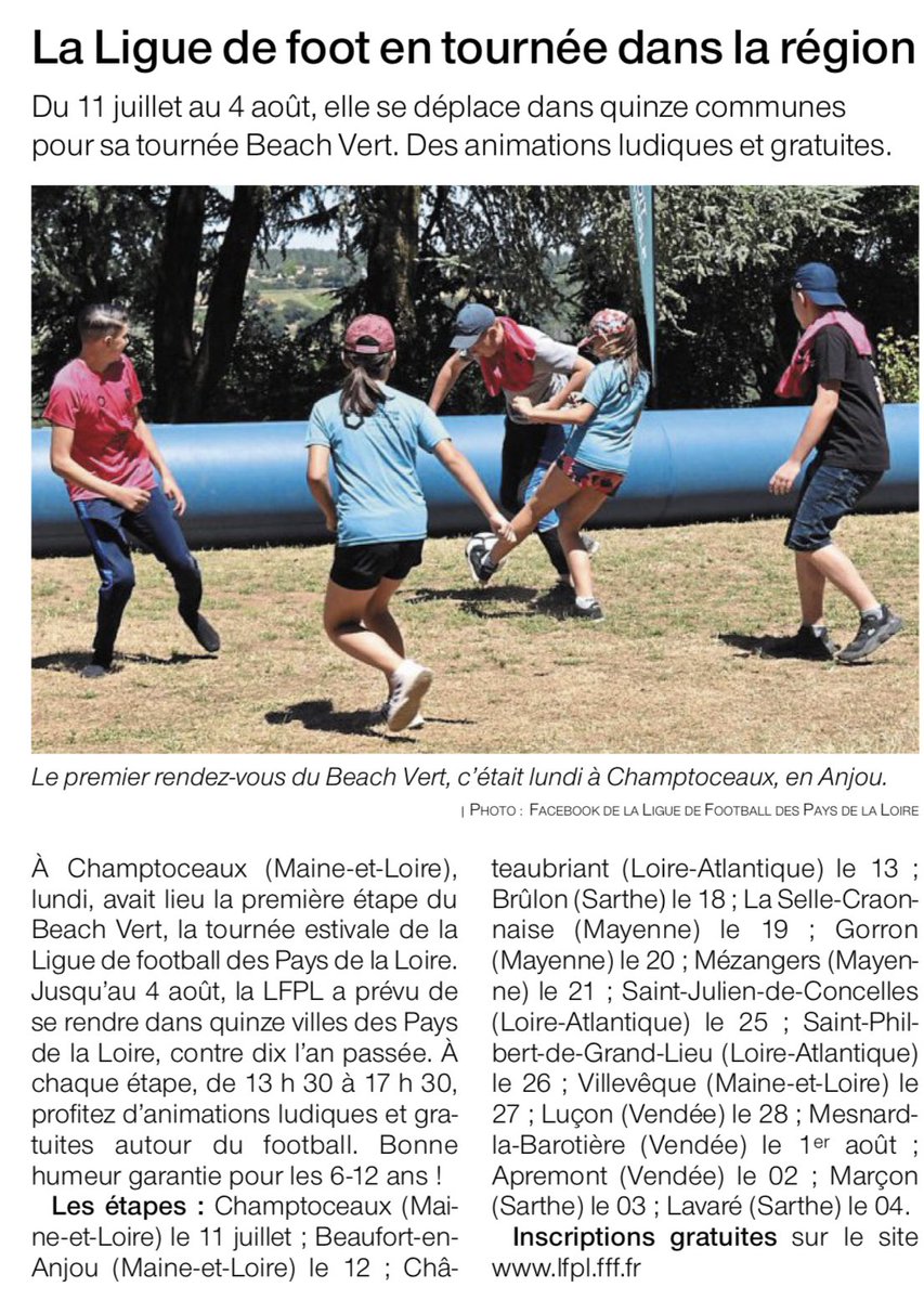 LigueFootLFPL's tweet photo. [MEDIAS]

🗞 Merci @OuestFrance pour cette mise en lumière de notre tournée estivale #BeachVert ⤵️

☀️Nous vous attendons aujourd’hui du côté de #Châteaubriant ! ⚽️✅ https://t.co/mtikqK3gYj