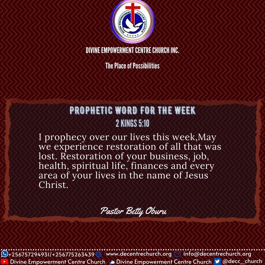 decc_church's tweet photo. PROPHETIC WORD FOR THE WEEK
Scripture Reference:
2 Kings 5:10

And Elisha sent a messenger to him, saying, “Go and wash in the Jordan seven times, and your flesh shall be restored to you, and you shall be clean.” https://t.co/oqTISBQlLi