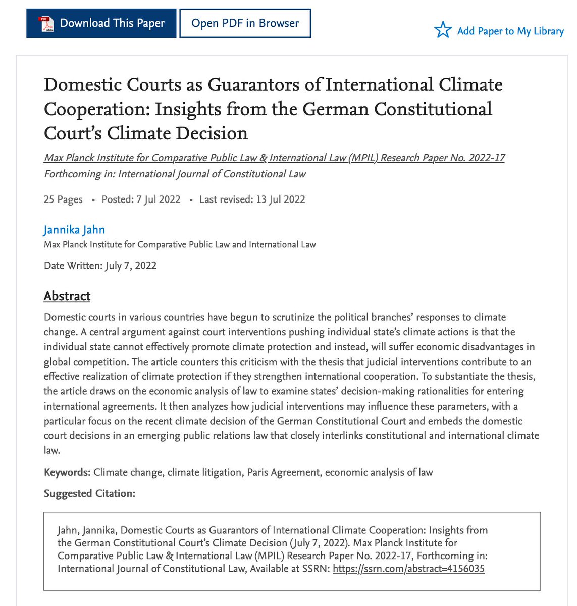 MPILheidelberg's tweet photo. In the stunning #MPIL Research Paper Series No. 2022-17 @JannikaJahn argues that the @BVerfG climate decision positions Courts as Guarantors of #International #ClimateCooperation.
#EconomicAnalysisOfLaw
#20aGG
#ParisAgreement

👉https://t.co/bUePMU4vG5 https://t.co/v55msSXz1d