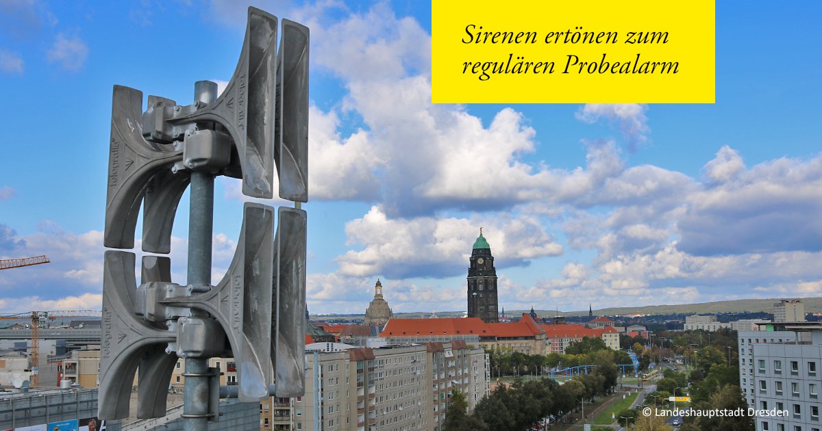 Stadt Dresden (@stadt_dresden) on Twitter photo 📢 Heute ertönen in Dresden um 15 Uhr für zwölf Sekunden die Sirenen stadtweit zum #Probealarm. Zu hören ist ein Signal, das aus einem einmaligen Anschwellen, Halten und Abschwellen besteht, mit einem Gong zum Schluss. // <a href="/FeuerwehrDD/">Feuerwehr Dresden</a> 📢 Heute ertönen in Dresden um 15 Uhr für zwölf Sekunden die Sirenen stadtweit zum #Probealarm. Zu hören ist ein Signal, das aus einem einmaligen Anschwellen, Halten und Abschwellen besteht, mit einem Gong zum Schluss. // <a href="/FeuerwehrDD/">Feuerwehr Dresden</a>
