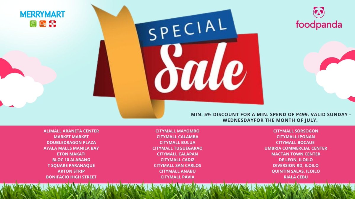 MerryMartDel's tweet photo. Special Sale Week awaits when you shop for your favorite #MerryMart household essential from Sunday-Wednesday from Foodpanda. Get a 5% discount for just a minimum spend of P499. Merry Shopping! #FoodpandaPH #supersale #SuperSavings #grocerydeliveryph #MerryMart #discountsale https://t.co/ftRAuJix00