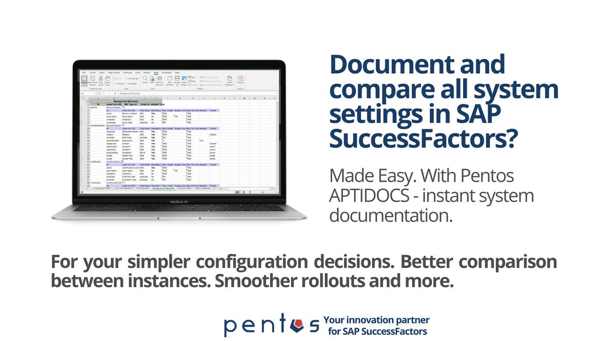 Are you using SAP SuccessFactors and need quick access to system documentation? With Pentos APTIDOCS generate documentation of all kinds such as system settings and configuration elements, in a workbook format automatically.
More:store.sap.com/dcp/en/product…
