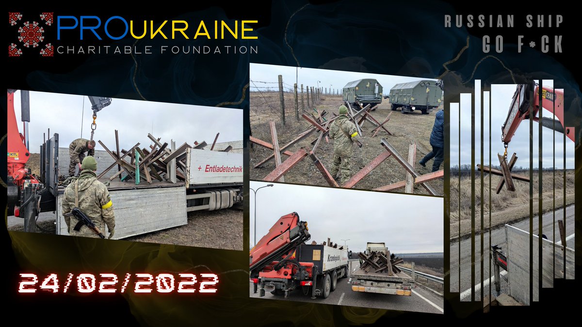 ProUkraine2402's tweet image. 24.02.22
- Alo, war!?
- Yes. . .

28.02.22
- What do you need?
- Hedgehogs, light and anti-tank, richly needed.
- What steel?
- Light – channel 18+, anti-tank – railway rails with pair welding.
- Plus. Work

The beginning of our common and personal victory

#PROUKRAINE #Ukraine