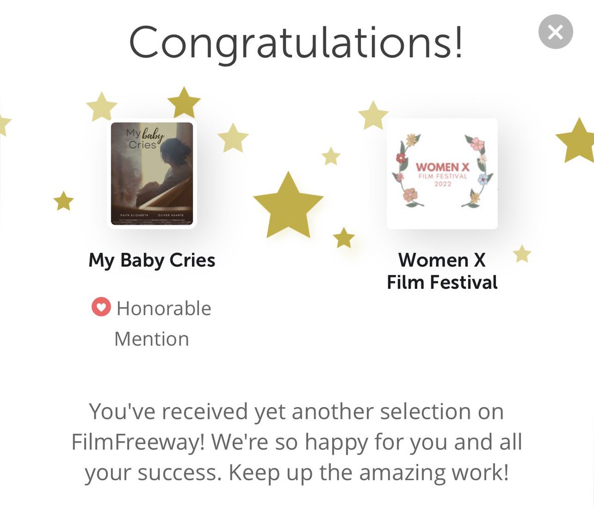 Faithful_Films's tweet photo. Thanks so much WomenX Film Festival for awarding us with Honorable Mention for #mybabycries 🥰🙌🏼 #indiefilm @1FaithElizabeth https://t.co/k3mOpUcupv