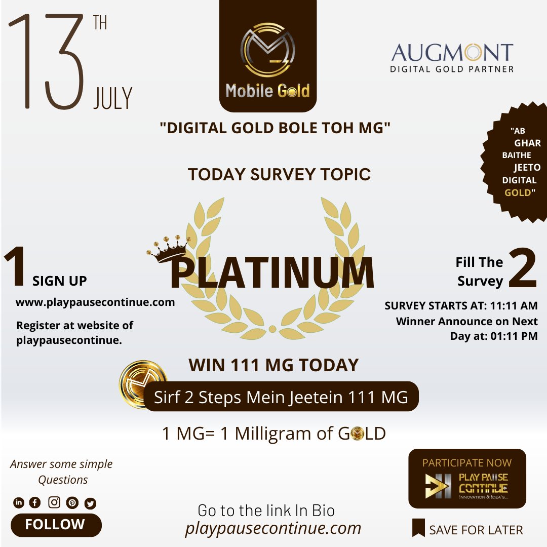 HITESHC21856879's tweet photo. Win Digital Gold worth of 111 MG now.🎉

What’s stopping you all to win, participate now and win assured 1MG of digital gold and get chance to win 111MG daily and you can also win 1111MG mega prize🎉🏆🏅
Grab this opportunity with both hands.
.
Sirf 2 steps mai jeete Digital Gold https://t.co/GdaYXqO0yB