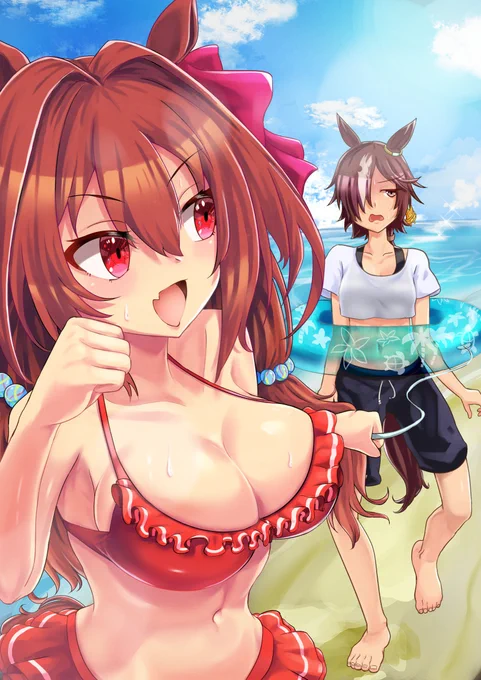 「行くわよウオッカ!私たちが一番乗りよ!!」海ではしゃぐスカーレット君も見たいものだねぇ#ウマ娘 #ダイワスカーレット 