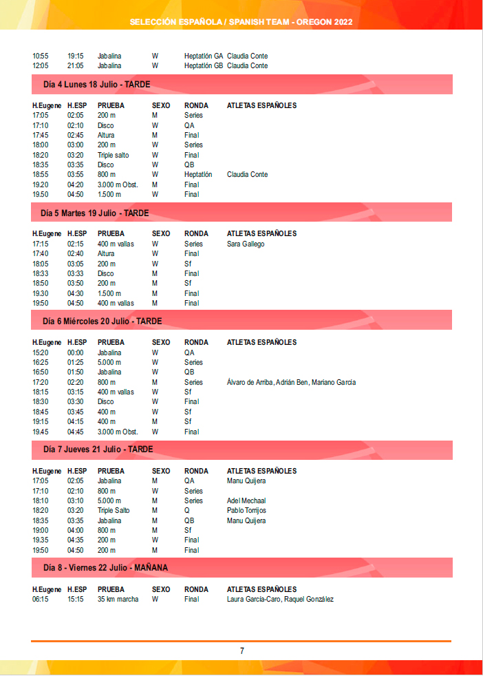 El HORARIO que no te puedes perder <a href="/WCHoregon22/">World Athletics Championships Oregon22</a> 

🇺🇸 ➡️🇪🇸 (➕9 horas)

🗓️15 / 24 julio

Con el detalle de la participación de todos los atletas de 
#EspañaAtletismo 

PARA SEGUIRLO DÍA A DÍA

DOSSIER (actualizado) 🔗bit.ly/3APQzw7

#PasiónPorCompetir