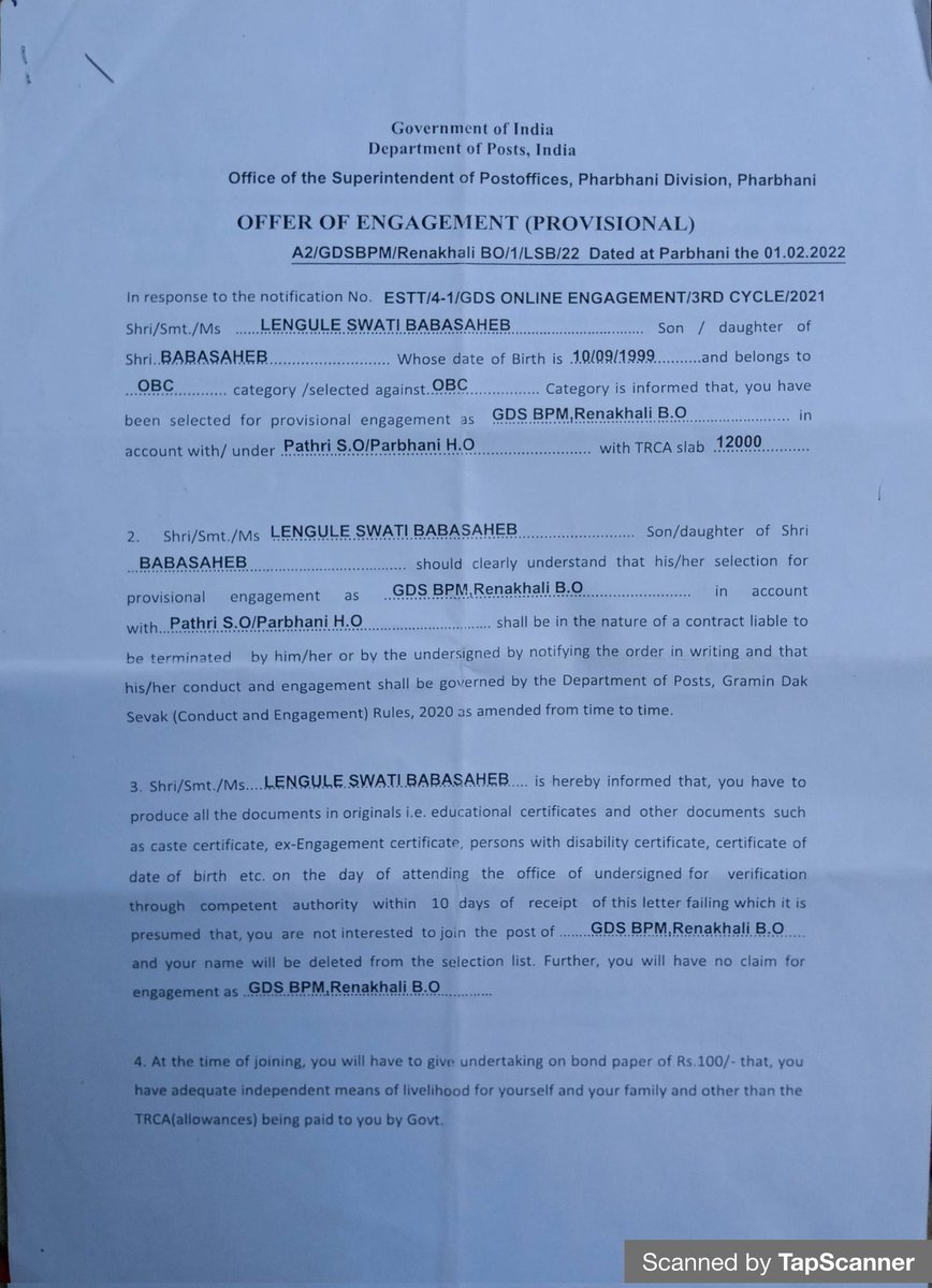 LenguleSwati's tweet photo. @IndiaPostOffice I have been selected as Maharashtra GDS BPM in n 3rd cycle, at HO Parbhani SO Pathri BO Renakhali. I have done my documents varification, training .I am waiting for my joining order since 4 months. Why I have not got my joining order ? Why it is too delayed? https://t.co/QFXNYZJlxG