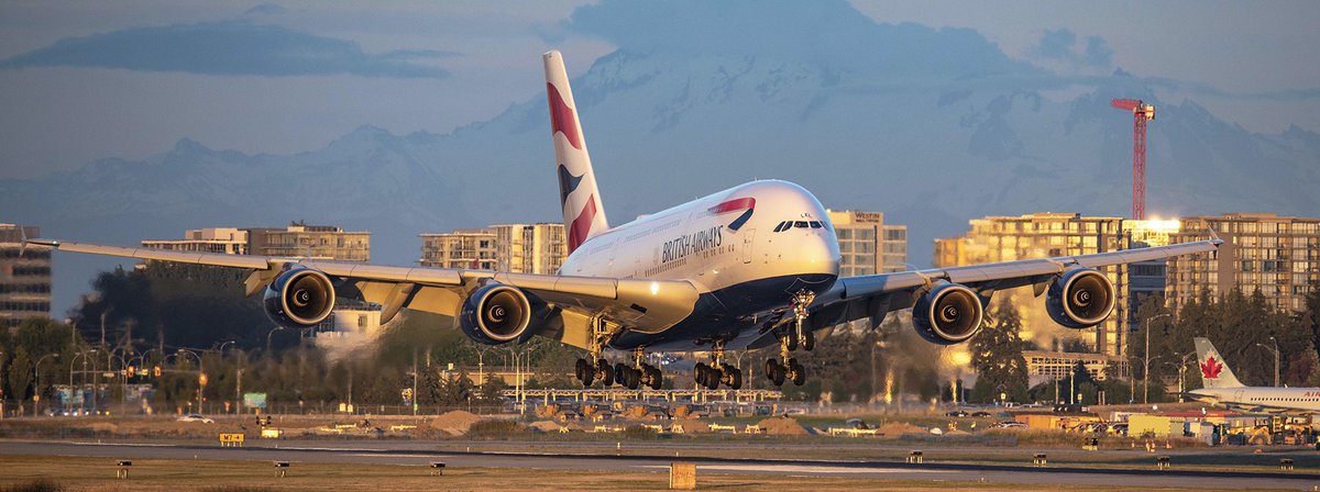 Kent_YVR's tweet photo. Obsessed? 😁 Glorious golden hour arrival of #BA85 @British_Airways @Airbus #A380 #GXLEL @yvrairport. #yvrspotters #avgeek #Vancouver https://t.co/2kZZkKhhAp