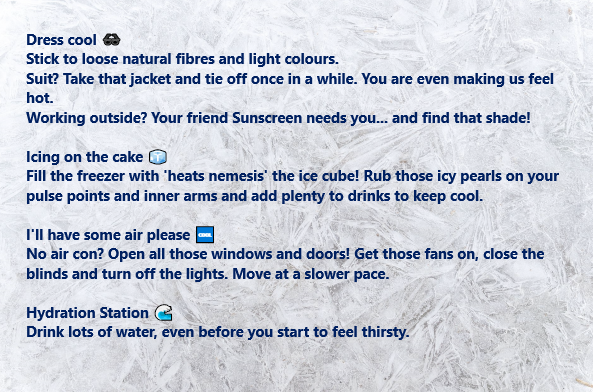 Healthwork1's tweet image. Feeling hot hot hot?

Below are some helpful tips to staying cool at work this week! ☀

#occupationalhealth #heatsafety #hydration #heatwave