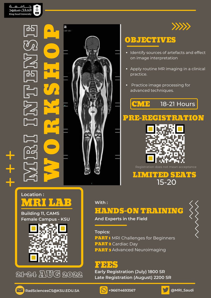 نفتح باب تسجيل الرغبة في الانضمام لدورةالرنين المغناطيسي المكثفة 
#MRIcourseKSU
لهذاالعام بحول الله عن طريق الرابط هنا
forms.gle/XTFykZh3iLpkaY…
يصل ايميل الترشيح مع البرنامج التفصيلي بعدالقبول المبدئي في خلال اسبوع من الان
جهازنا
#Siemens #Spectra 3T 
post-processing  #syngoVia