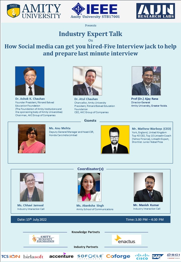 gnamity's tweet photo. Amity University is hosting an industry expert talk exclusively for students on How Social Media Can Hire You - Five Interviews Jack! to help you prepare for last minute interviews !!!

Joining Link: https://t.co/G8WZeeV3mB https://t.co/wclU3m4vzk