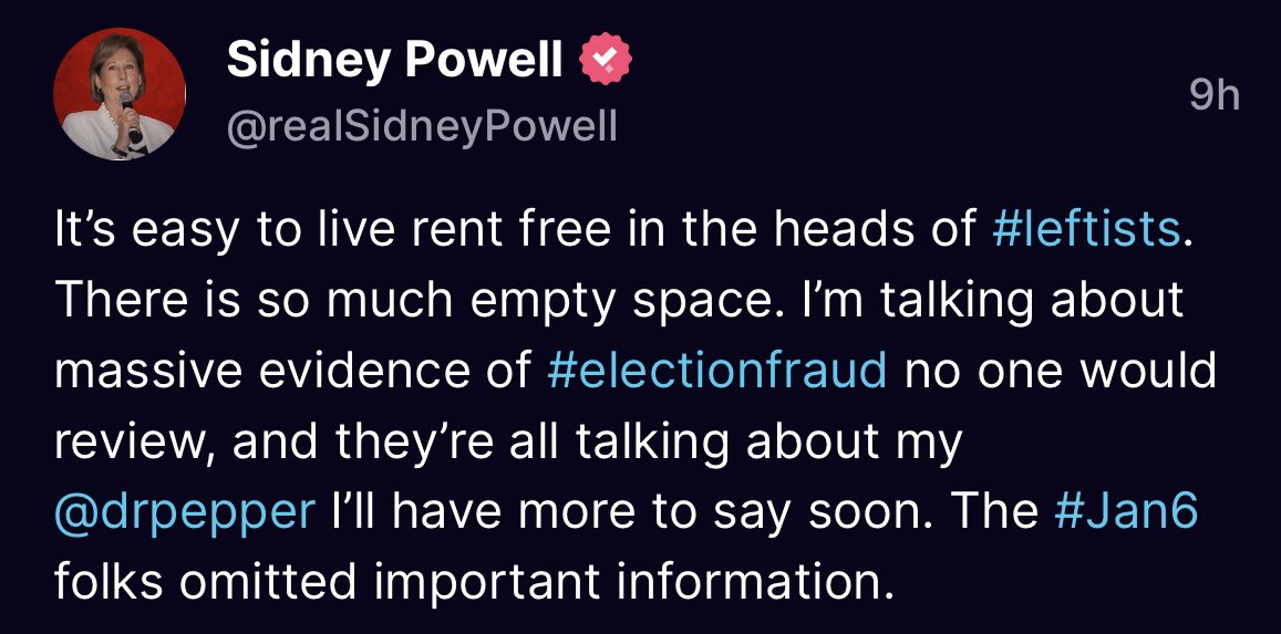 RonFilipkowski's tweet photo. Sidney Powell is upset that people are talking about her Dr. Pepper instead of the “massive evidence” she discovered. https://t.co/lkxaBvfQpH