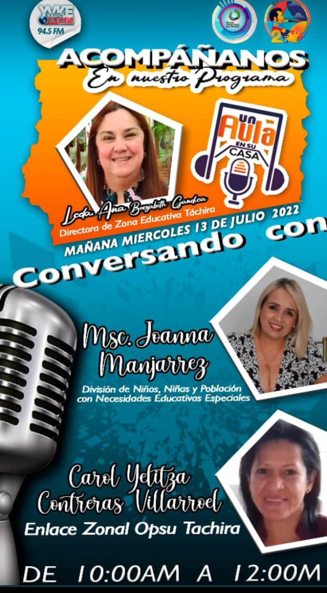📻🎤 Sintoniza hoy el programa "Un Aula en su Casa"de la Lcda Ana Berzabeth Gandica Jefe de Zona Educativa Táchira por YVKE Radio Mundial 95.5 fm @MPPEDUCACION <a href="/_LaAvanzadora/">Yelitze Santaella</a> <a href="/Salud_MPPE/">Salud Escolar MPPE</a> @ZonaEducTachira <a href="/Berzabethg1/">Berzabethgandicaoficial</a> <a href="/COMUNIDADESED15/">DIV. COMUNIDADES EDUCATIVAS TÁCHIRA</a> @SPETachira