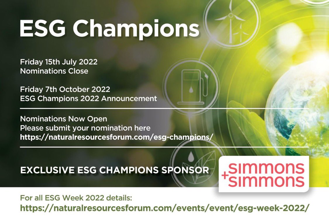 NatResourcesForum (@natural_rf) on Twitter photo NOMINATIONS CLOSING SOON! | JUST A FEW DAYS LEFT| HAVE YOU SUBMITTED YOUR NOMINATION YET?Ā
Submit your nominationĀ here:Ā lnkd.in/e7b7U6rt Ā Ā
ESG Champions Exclusive Sponsor:Ā <a href="/SimmonsLLP/">Simmons & Simmons</a>
Friday 15th July 2022
Nominations Close
#miningĀ #energy NOMINATIONS CLOSING SOON! | JUST A FEW DAYS LEFT| HAVE YOU SUBMITTED YOUR NOMINATION YET?Ā
Submit your nominationĀ here:Ā lnkd.in/e7b7U6rt Ā Ā
ESG Champions Exclusive Sponsor:Ā <a href="/SimmonsLLP/">Simmons & Simmons</a>
Friday 15th July 2022
Nominations Close
#miningĀ #energy