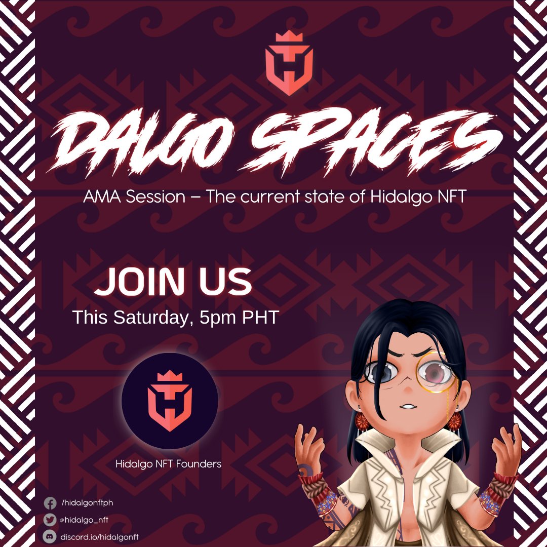 hidalgo_nft's tweet photo. DALGO Space | 9: AMA Session - The current state of Hidalgo NFT
Curious about Hidalgo NFT? About our current progress? It's time to ask your questions!
Join us this Saturday | 5:00pm PHT
!dalgo👑
https://t.co/oVcOaJzTt9
#HidalgoNFT #DALGOSpaces #MetaDeities https://t.co/JZGxpAlnwY