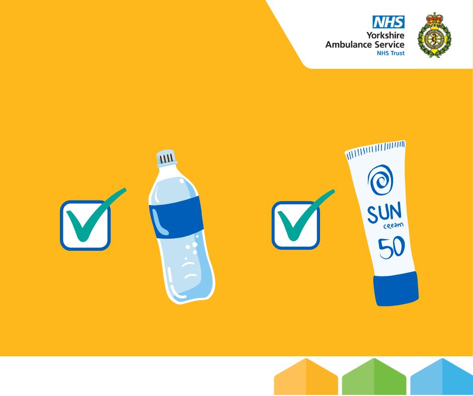 YorksAmbulance's tweet photo. To stay safe in the heat, you should:
🚰Stay hydrated
🧴Use sun protection
❌Avoid excess alcohol and extreme exercise https://t.co/N0aa1h8aty