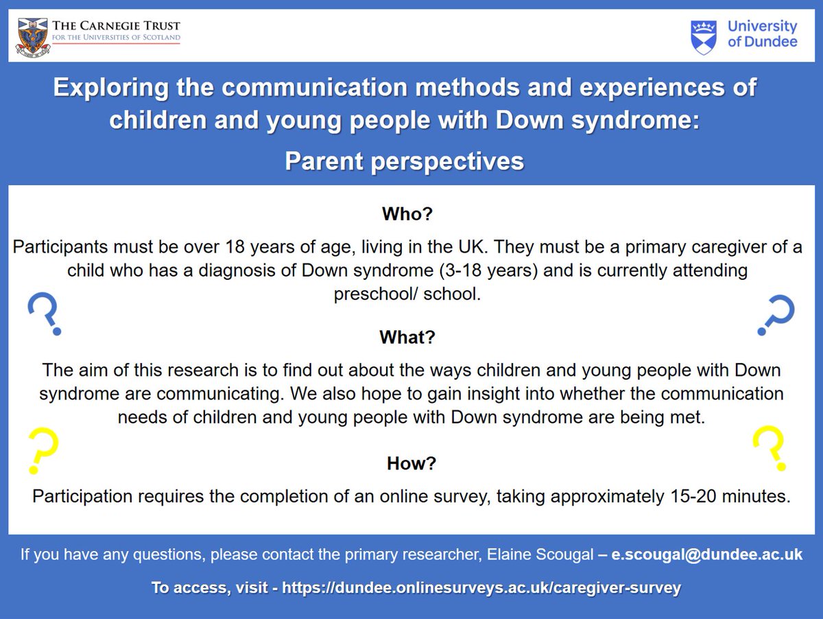Could you spare some time to complete a survey? <a href="/EMScougal/">Elaine Scougal</a> is exploring the communication methods and experiences of children and young people with Down’s syndrome. Find out more and get the link to the survey here: bit.ly/3o0OiGK