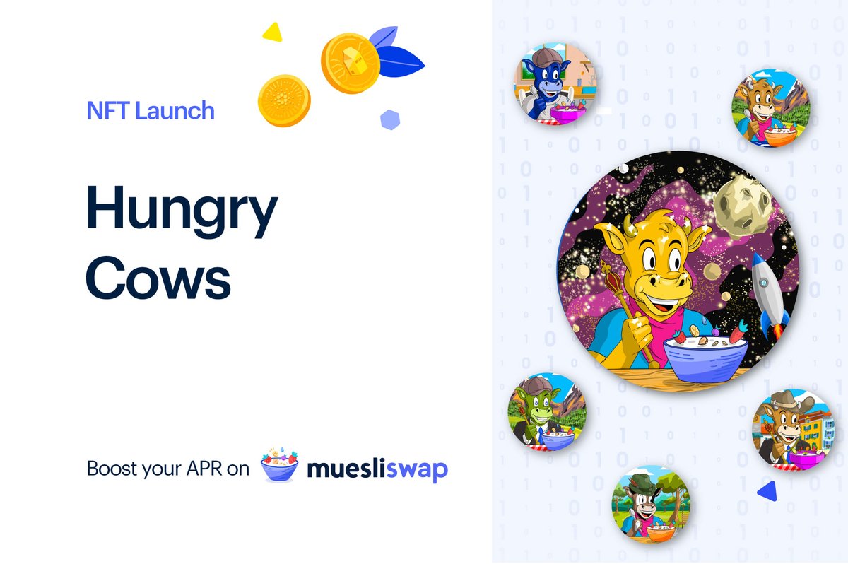 MuesliSwapTeam's tweet photo. Hungry Cows by MuesliSwap 🐮🥛 We are excited to announce our very own collection of NFTs which you will be able to us to boost your farming APR on our upcoming Hybrid DEX! 📢

See our Medium for more details: https://t.co/pUrhq8PrAw https://t.co/qniz07T3OL