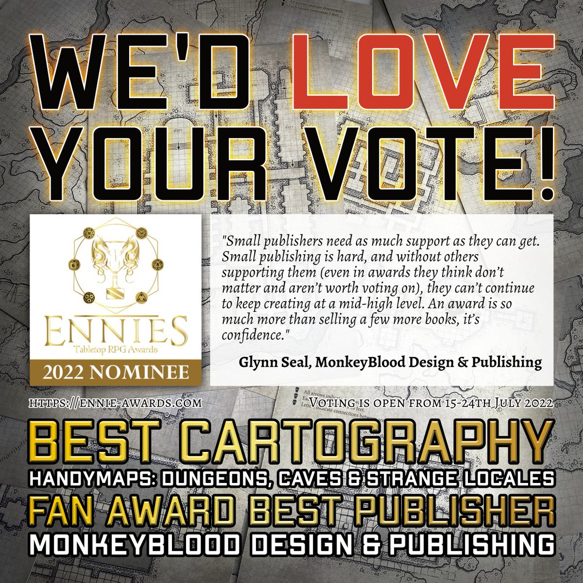 Monk3yBlood's tweet photo. Voting starts this Friday! We'd LOVE your vote! Get ready :)
#ennies #ennieawards #ennies2022 #monkeyblooddesign #handymaps #rpgcartography #rpgmaps #ttrpgs #rpgartwork https://t.co/WSmLOAAd0M