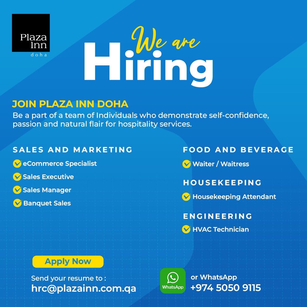 Be part of our team! We are #Hiring.

To apply send your CV to hrc@plazainn.com.qa or WhatsApp: +974 5050 9115

#hotelsinqatar #jobsinqatar #qatarjobs #careersinhospitality #doha #qatar