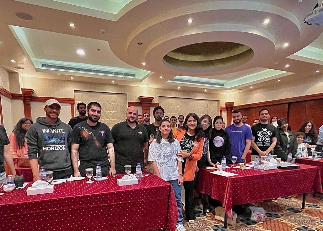Stargazersbh's tweet photo. How did you view Webb’s first images? In Bahrain, Astronomy enthusiasts gathered to watch the @NASAWebb live stream; the images left us speechless #UnfoldTheUniverse July 12th,2022, a day we will never forget https://t.co/fo1OaLOBsX