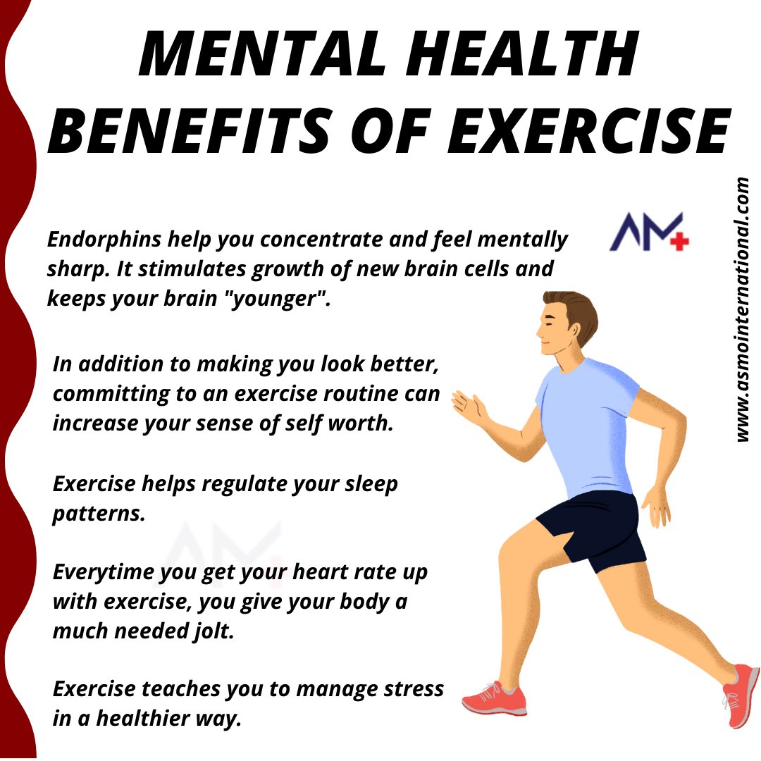 ASMOINTERNATIONAL on X: Mental Health Benefits of Exercise .   . #mentalhealthbenefitsofexercise #mentalhealth  #exercise #endorphins #concentrate #mentallysharp #stimulatesgrowth  #braincells #senseofselfworth #sleeppatterns