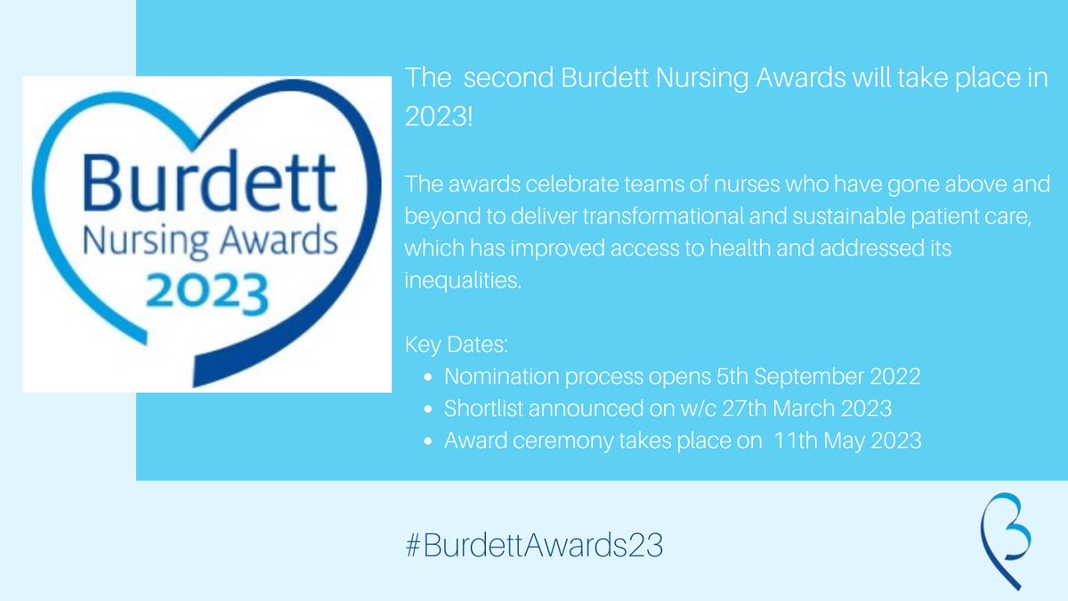 We are excited to announce that the second Burdett Nursing Awards will take place in 2023!

There will be six categories in which to nominate an outstanding nursing team! The nomination process opens on 5th September.

Find out more, here: buff.ly/3Oib0VP
#BurdettAwards23