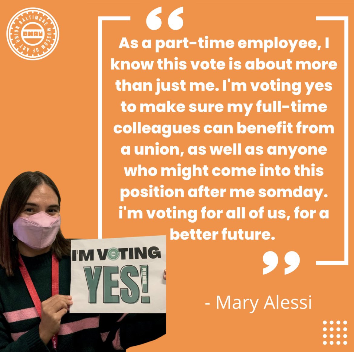 BMAUnion's tweet photo. “As a part-time employee I know this vote is about more than just me…I’m voting for all of us, for a better future.”-Mary Alessi, Library Cataloguer
#bmaunion #bmau #unionyes #baltimore https://t.co/OmHVbT7jIG